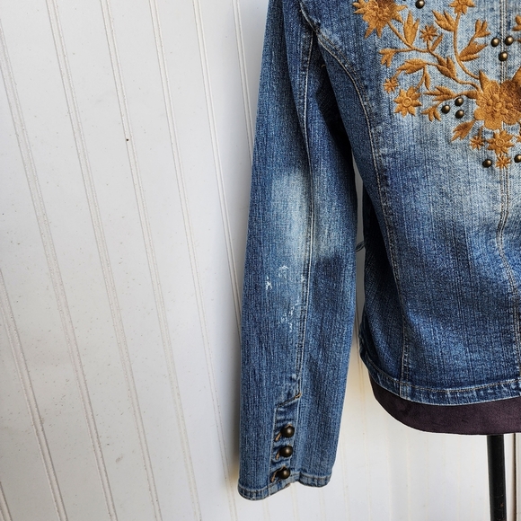 Faded Glory Blue and Orange Jean Jacket with Distressing and Floral Design - Picture 14 of 15
